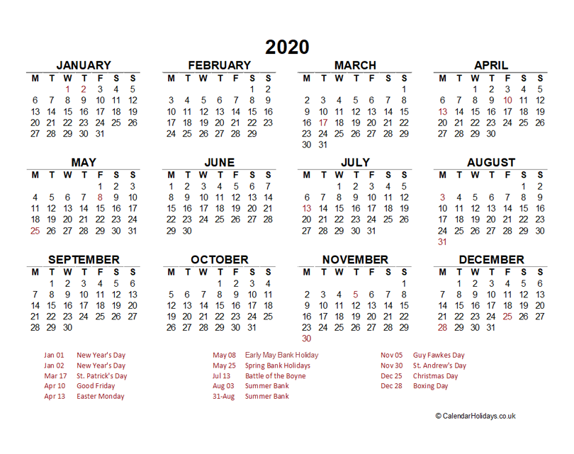 2020 Yearly Template - CalendarHolidays.co.uk