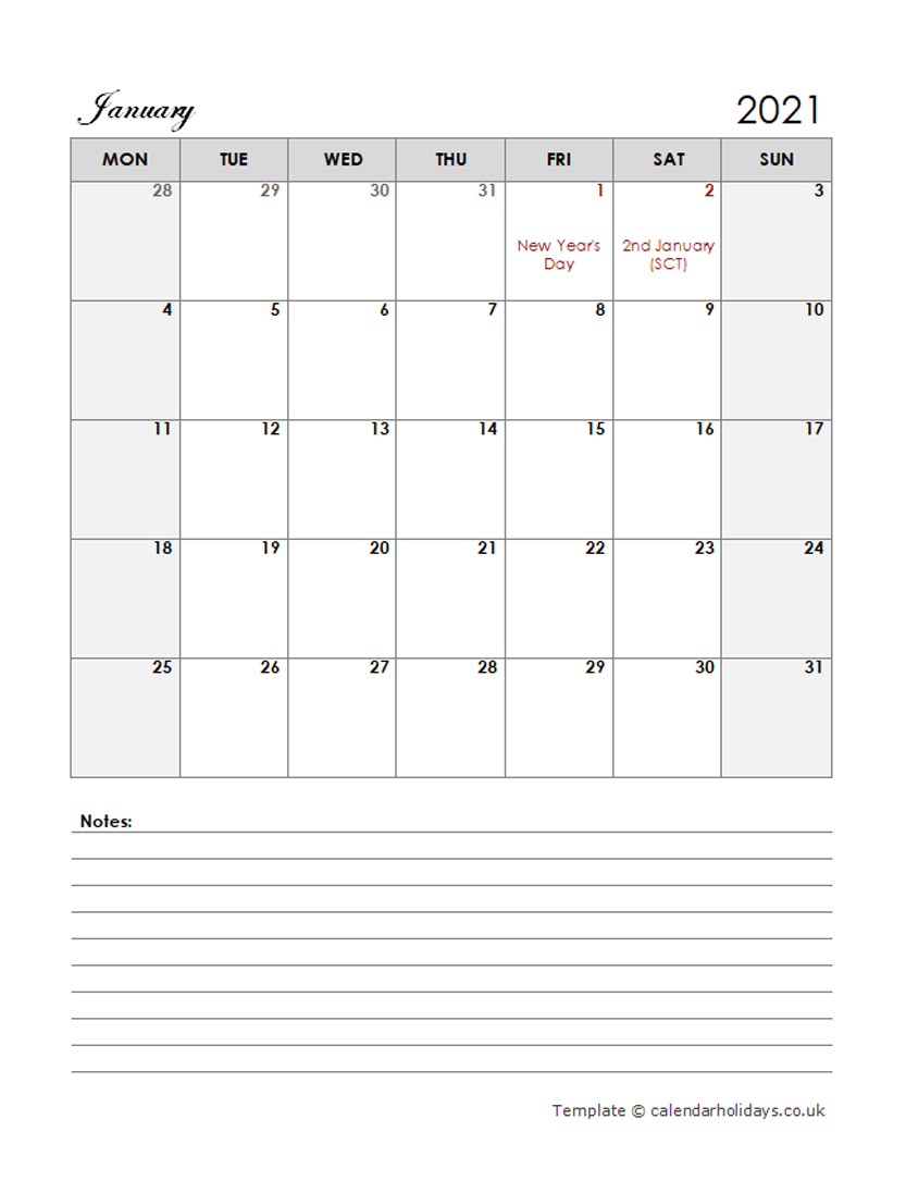 CUSTOMIZABLE MONTHLY CALENDAR WITH LARGE SPACE FOR NOTES