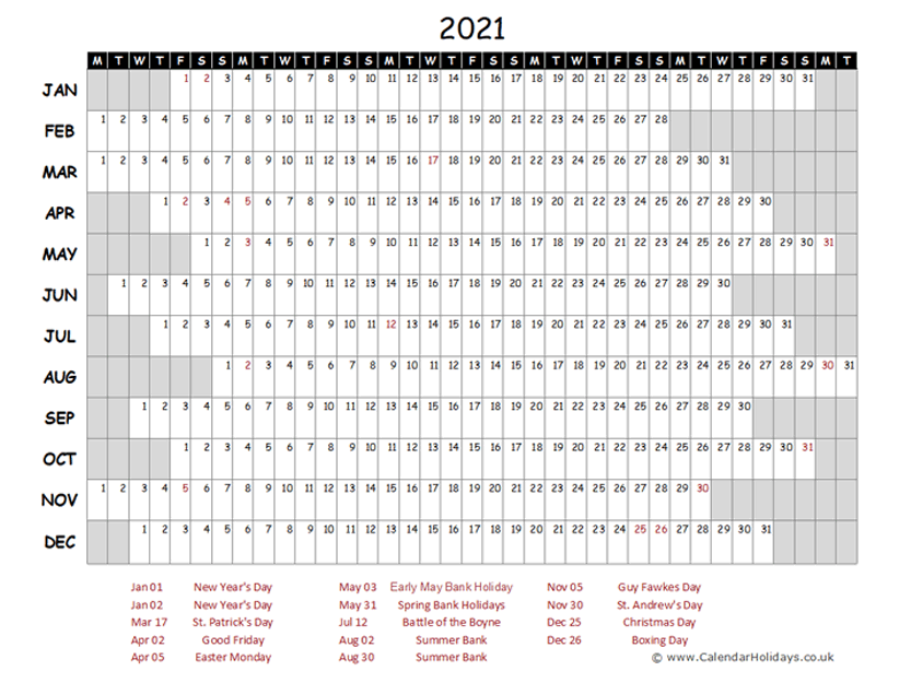 ONE PAGE YEARLY CALENDAR
