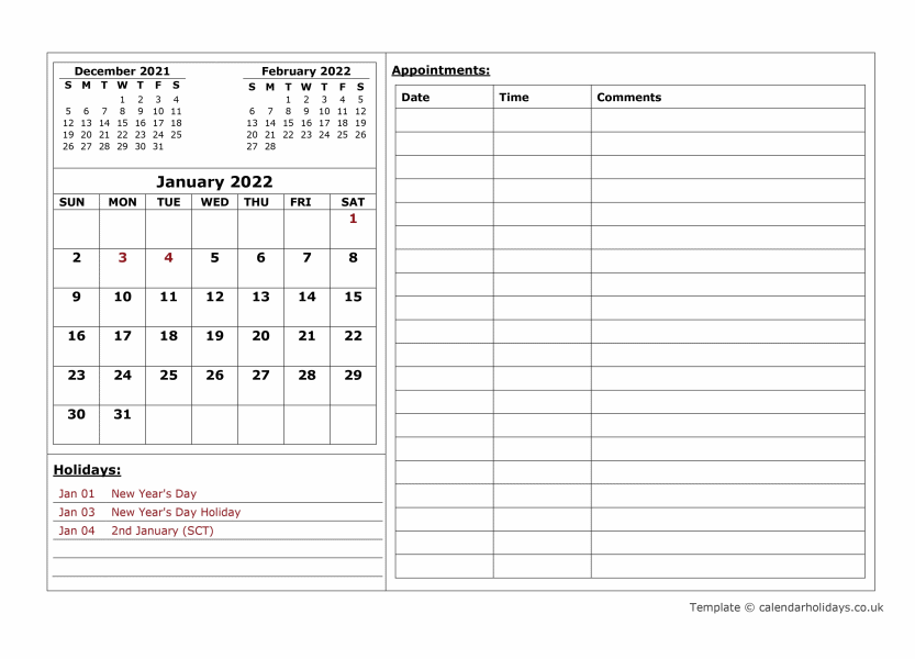 2022  MONTHLY APPOINTMENT CALENDAR