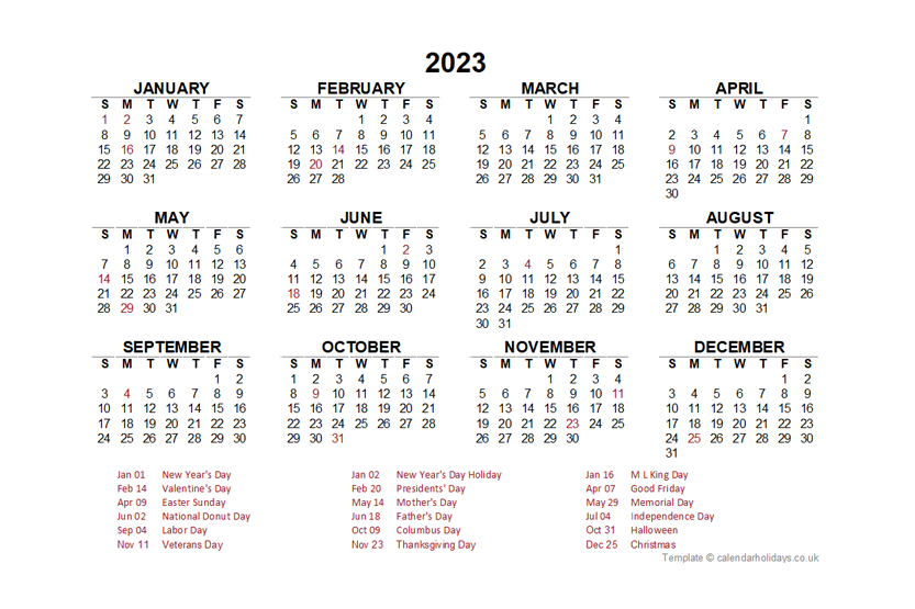 2023 Yearly Template - CalendarHolidays.co.uk
