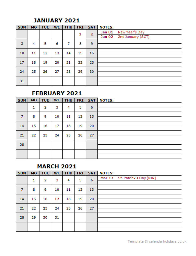 2021 Quarterly Template CalendarHolidays.co.uk