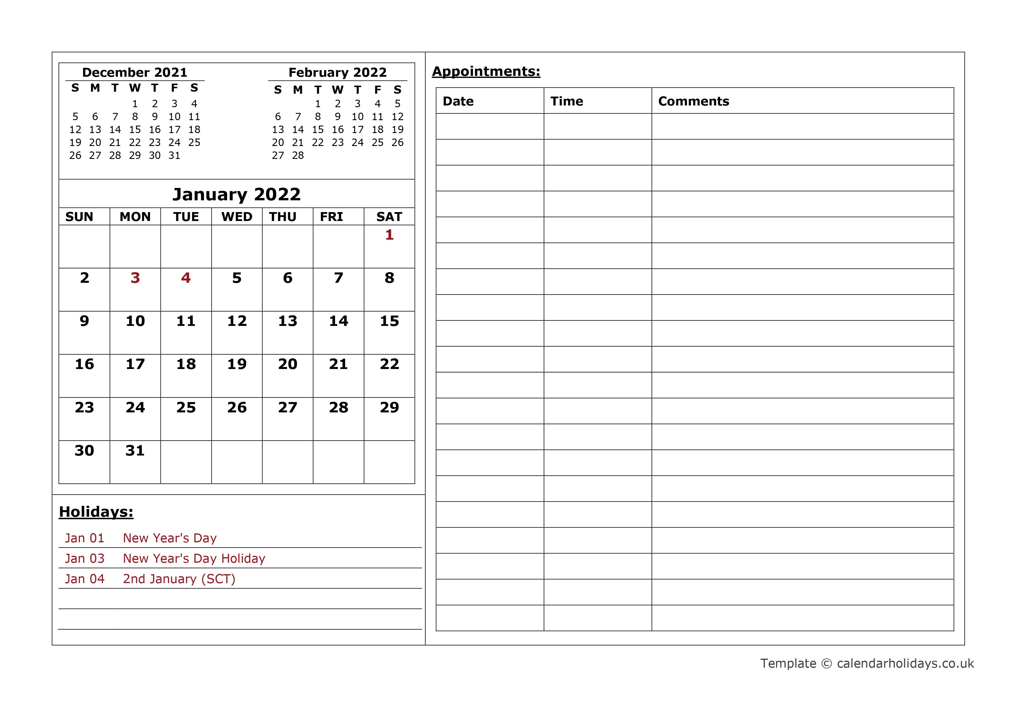 Free Printable Appointment Calendar 2022 2022 Monthly Template - Calendarholidays.co.uk